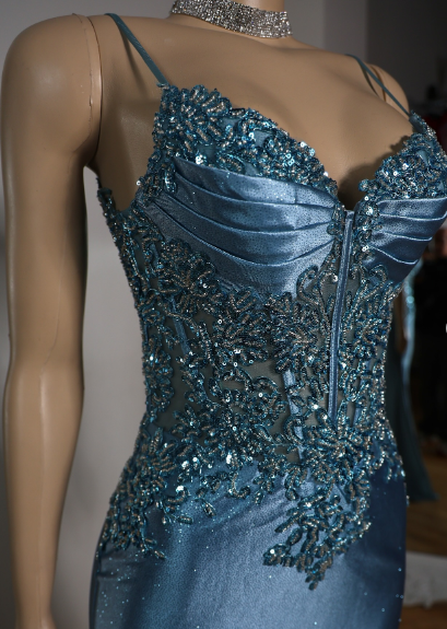 Elegant Blue Mermaid Deep V Halter Beaded Satin Long Prom & Evening Dress - View 6 | FashionDia
