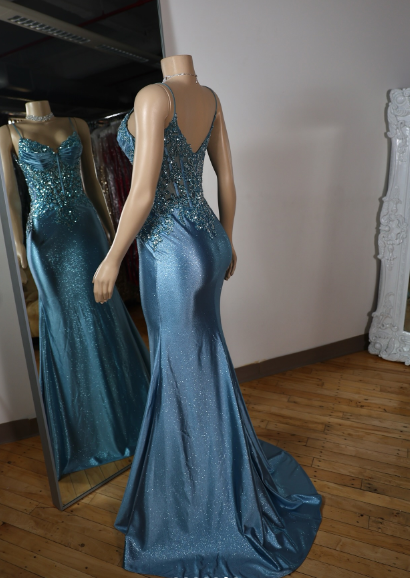 Elegant Blue Mermaid Deep V Halter Beaded Satin Long Prom & Evening Dress - View 7 | FashionDia