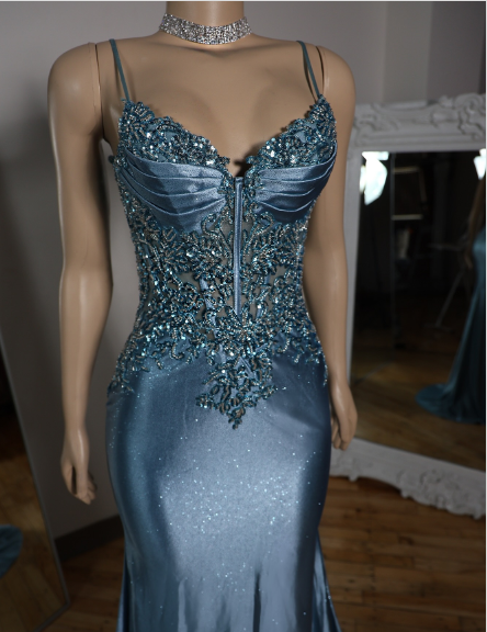 Elegant Blue Mermaid Deep V Halter Beaded Satin Long Prom & Evening Dress - View 8 | FashionDia