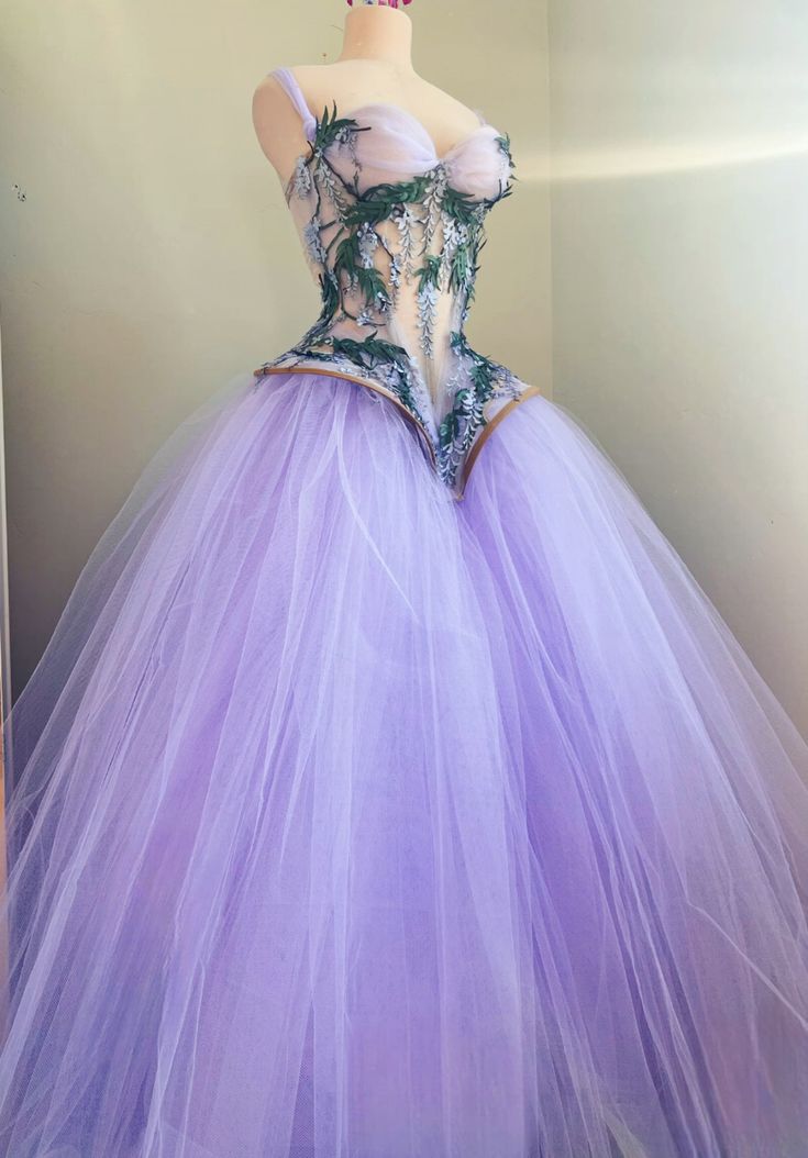 Dreamy Purple Strapless Halter Floral Tulle Long Ball Gown Evening Dress