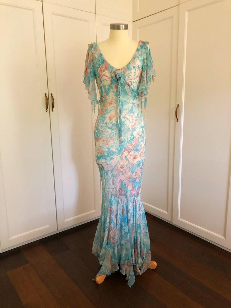 Retro Print Mermaid Ruffle V-neck Chiffon Long Prom Dress Evening Dress