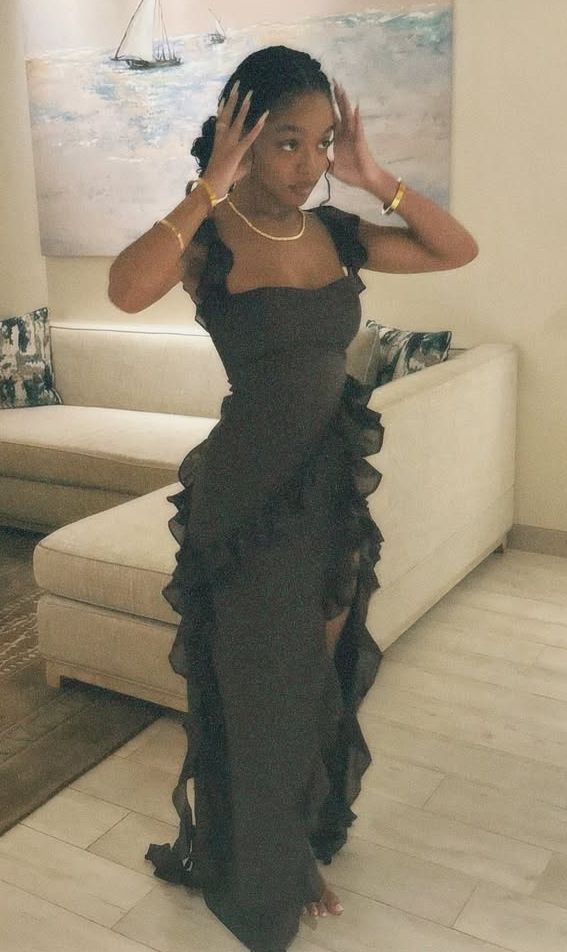Elegant Black Mermaid Square Neck Ruffled Slit Chiffon Long Prom Dress Evening Dress