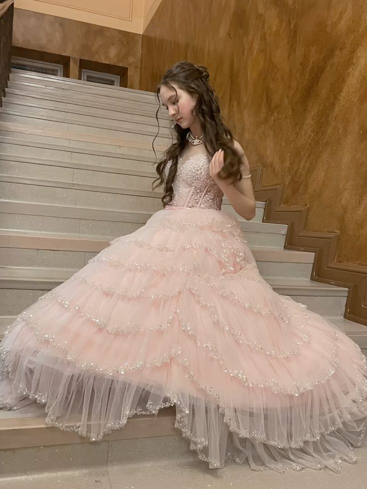 Dreamy Princess Pale Pink Strappy Layered Tulle Ball Gown Evening Dress Sweet 16th Birthday - View 3 | FashionDia
