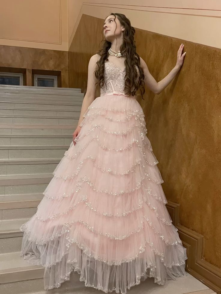 Dreamy Princess Pale Pink Strappy Layered Tulle Ball Gown Evening Dress Sweet 16th Birthday - View 4 | FashionDia