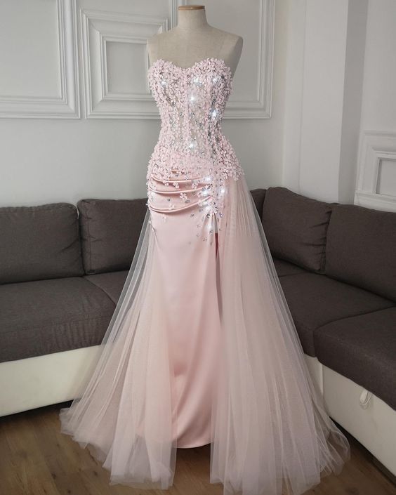 Dreamy Pink Mermaid Heart Neck Satin Tulle Long Prom Dress Evening Dress