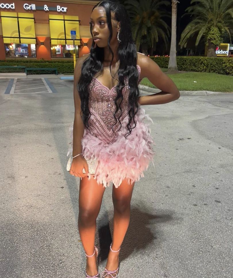 Gorgeous Pink Rhinestone Embroidered Feather Skirt 16th Birthday Homecoming Dress - FashionDia