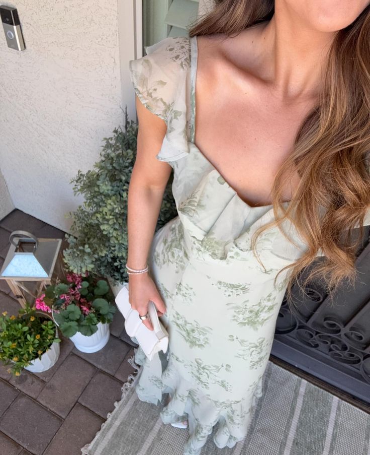 Beautiful Light Green A-line Floral Print Ruffled A-line Chiffon Long Prom Dress Evening Dress