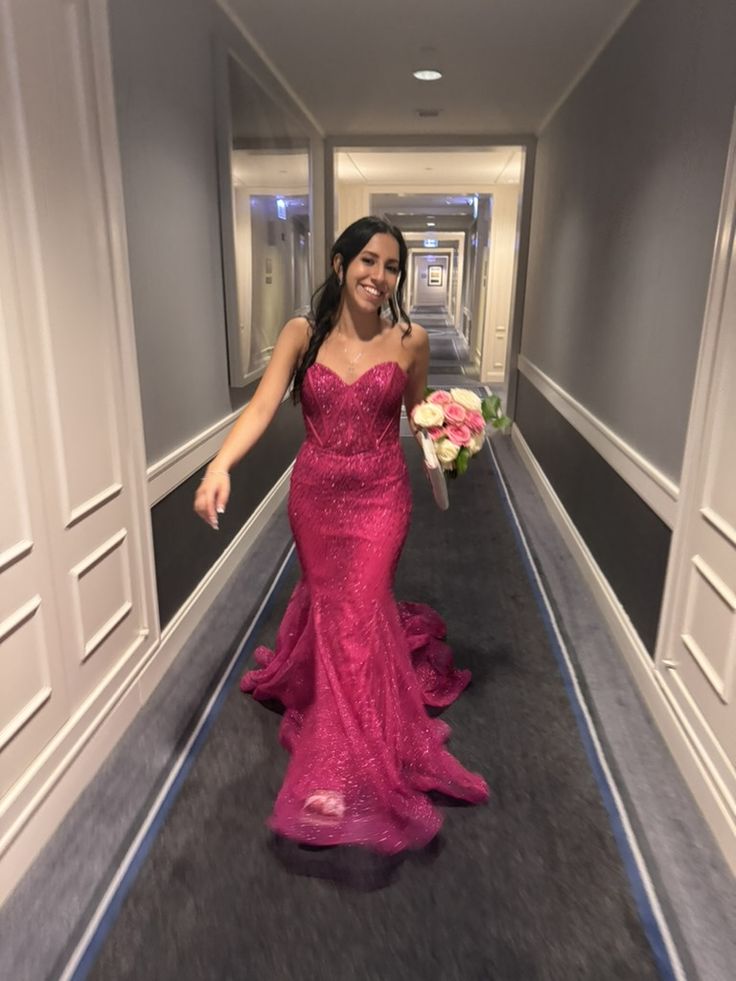 Gorgeous Hot Pink Mermaid Strapless Sequined Prom Dress Evening Dress