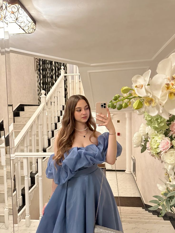 Beautiful Hazy Blue A-line Ruffled Puff Sleeve Off-shoulder Slit Organza Long Prom Dress Evening Dress