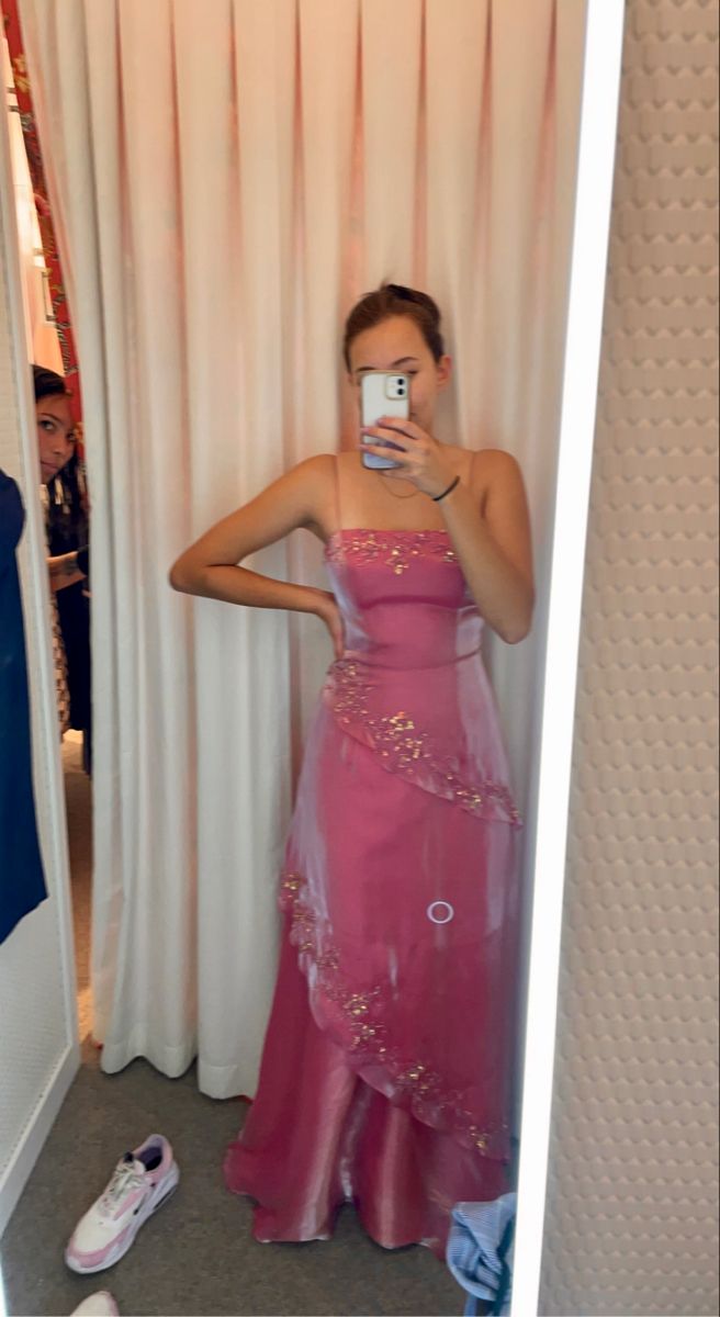 Vintage Rose Pink A-line Sequined Organza Long Prom Dress Evening Dress