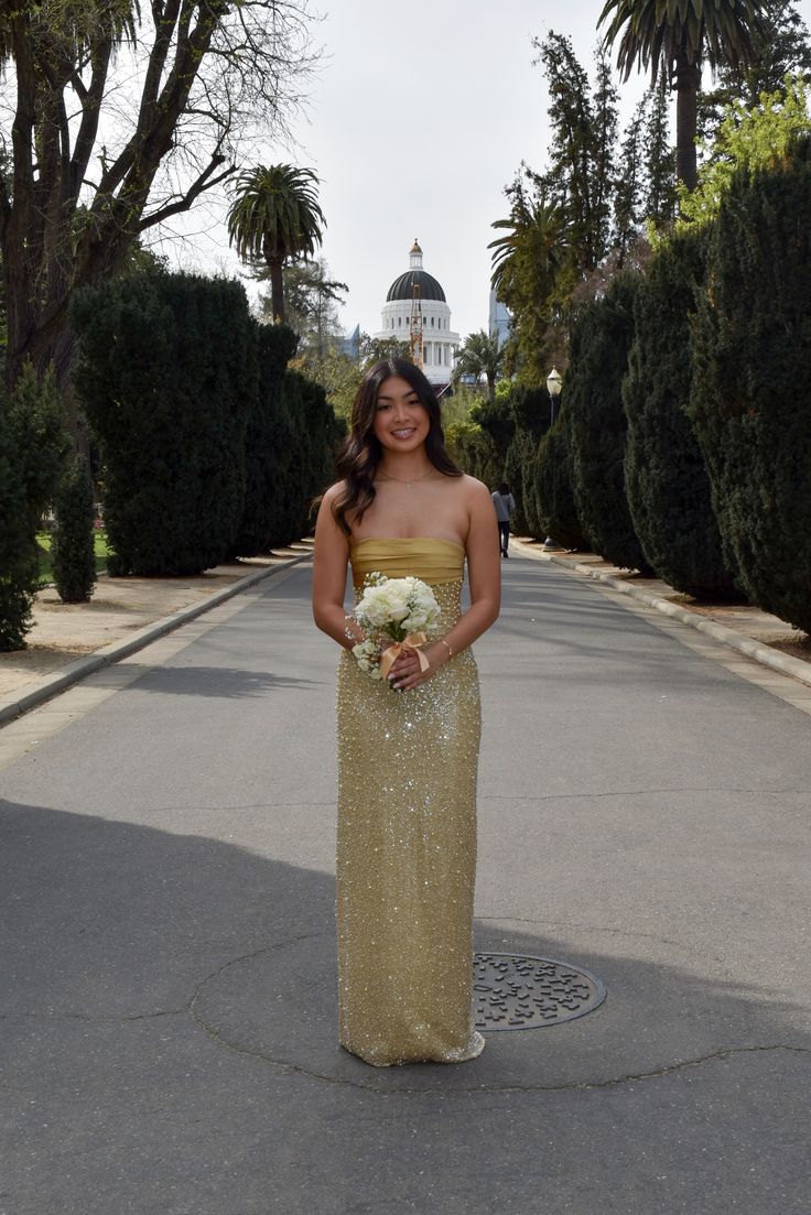 Elegant Gold Strapless Pearl Sequined Long Prom & Evening Dress - FashionDia