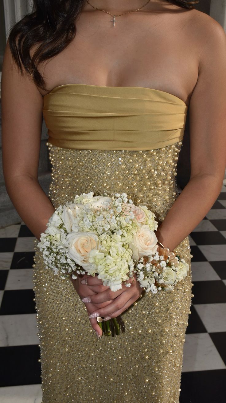 Elegant Gold Strapless Pearl Sequined Long Prom & Evening Dress - View 3 | FashionDia