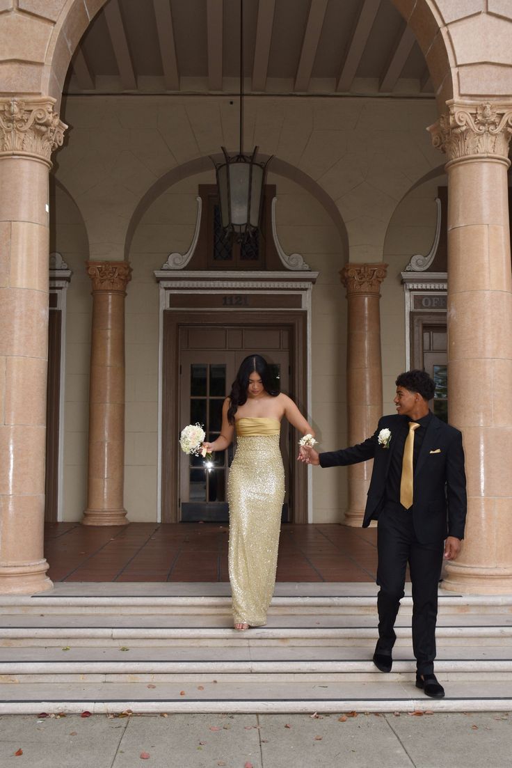 Elegant Gold Strapless Pearl Sequined Long Prom & Evening Dress - View 5 | FashionDia