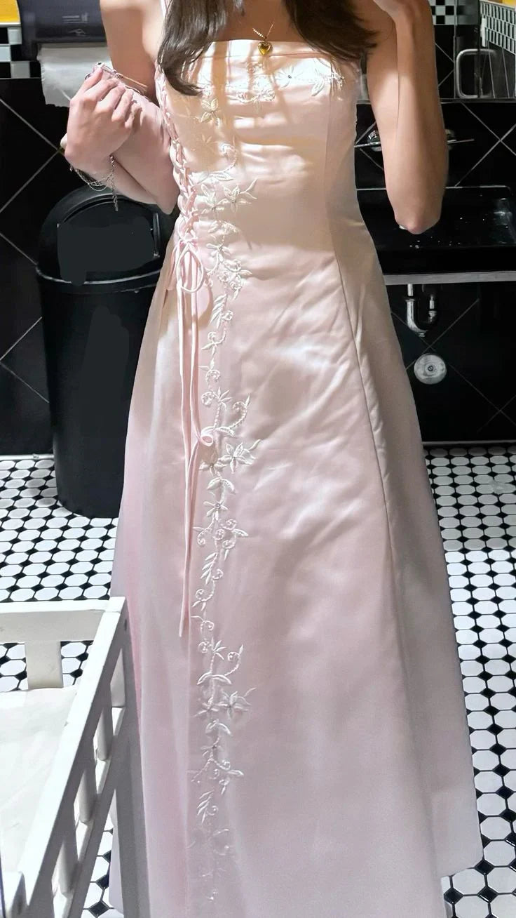 Vintage Light Pink A-Line Halter Embroidered Satin Long Prom & Evening Dress - View 2 | FashionDia