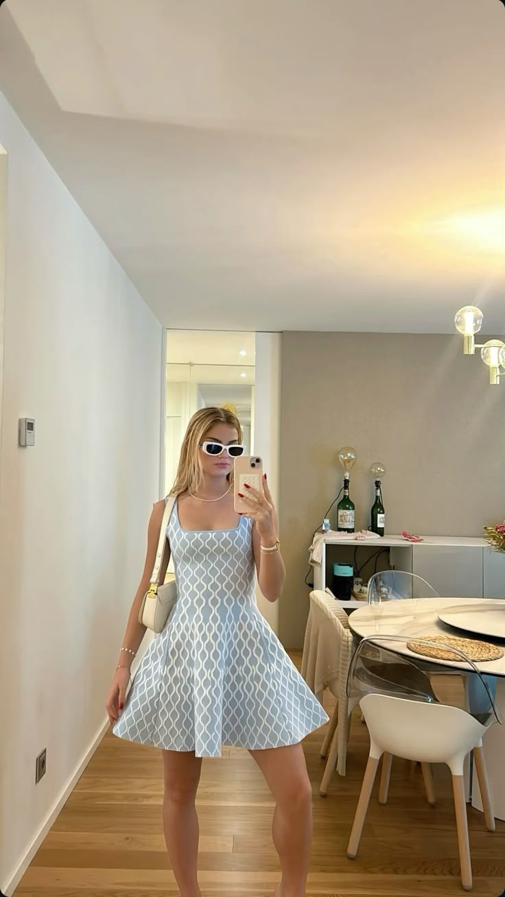 Fresh Light Blue Square Neck Geometric Pattern A-Line 16th Birthday Homecoming Dress - FashionDia