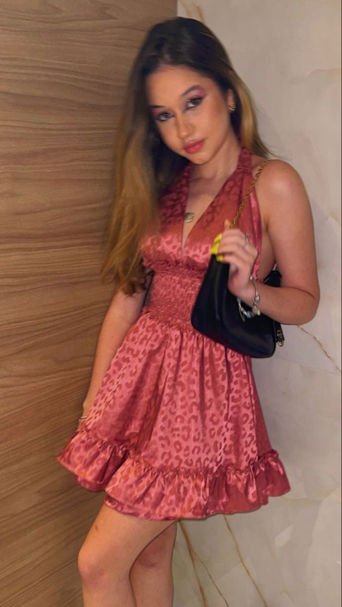 Retro Pink Leopard Print Halter Neck Deep V-Neck Satin Birthday Party Homecoming Dress - View 2 | FashionDia