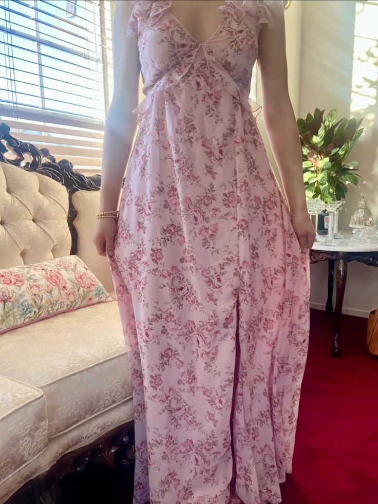 Sweet And Retro Pink Floral A-Line Ruffled V-Neck Chiffon Long Prom & Evening Dress - View 3 | FashionDia