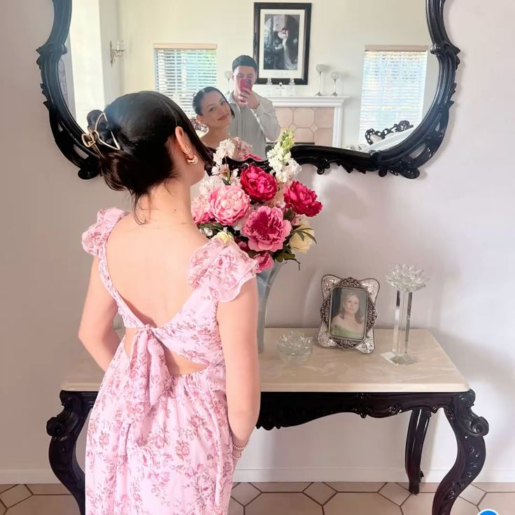 Sweet And Retro Pink Floral A-Line Ruffled V-Neck Chiffon Long Prom & Evening Dress - View 4 | FashionDia