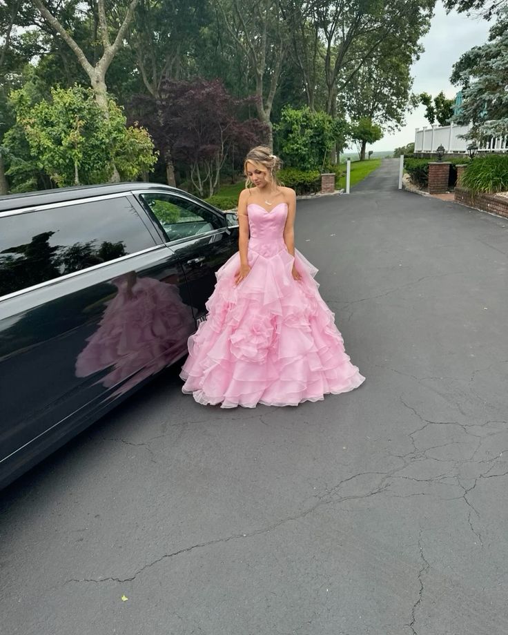 Princess Pink Heart-Shaped Neck Layered Tulle Long Ball Gown Evening Dress