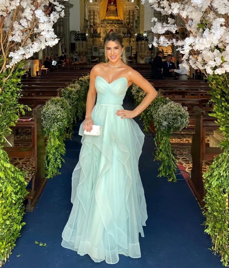 Elegant Light Green A-Line Sweetheart Neckline Tiered Ruffled Tulle Long Prom & Evening Dress - View 2 | FashionDia