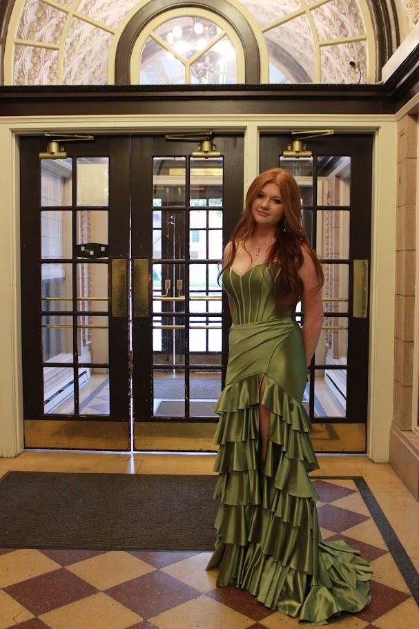 Elegant Green Mermaid Layered Ruffled Strapless Satin Slit Long Prom Dress Evening Dress