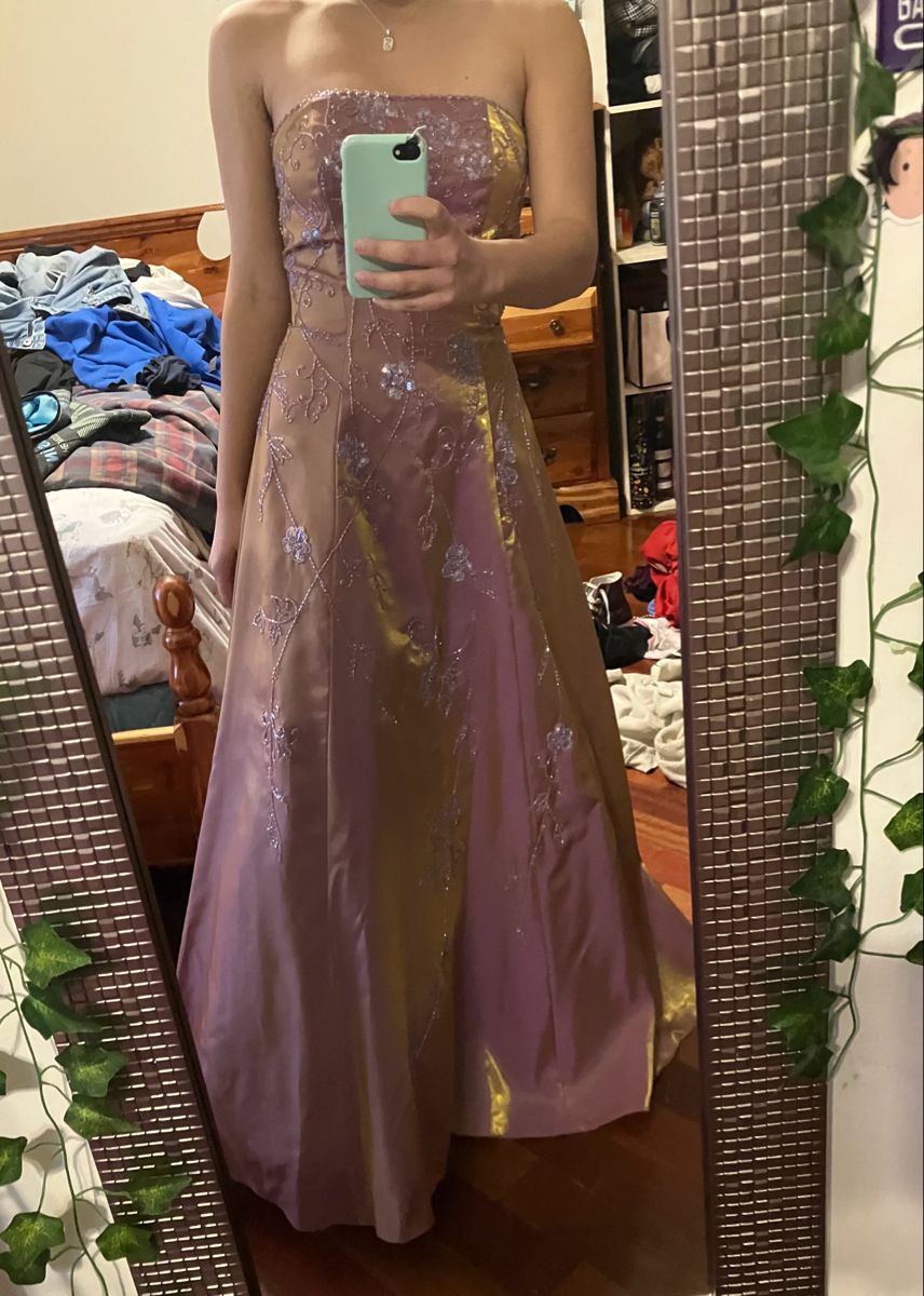 Retro Pink-Purple Gradient A-line Strapless Beaded Satin Long Prom Dress Evening Dress