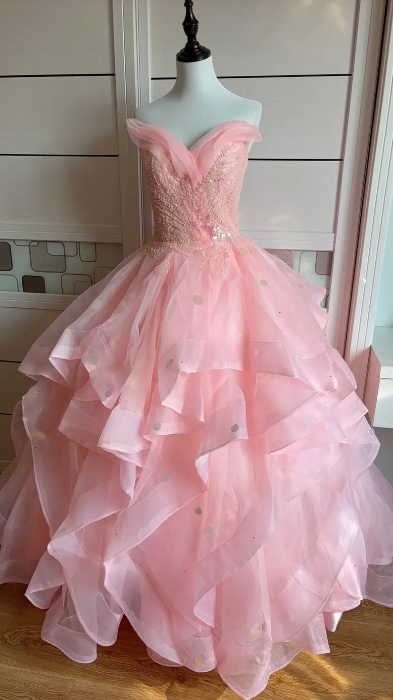 Dreamy Princess Pink Strapless Sequined Beaded Layered Tulle Ball Gown Evening Dress