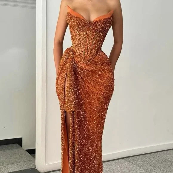Luxurious Orange Mermaid Strapless High-Slit Sequined Long Prom Dress Evening Dress
