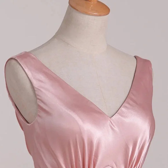 Simple Pink A-Line Deep V Bow Backless Satin Long Prom & Evening Dress Bridesmaid Dress - View 3 | FashionDia