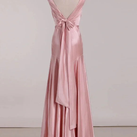 Simple Pink A-Line Deep V Bow Backless Satin Long Prom & Evening Dress Bridesmaid Dress - View 4 | FashionDia
