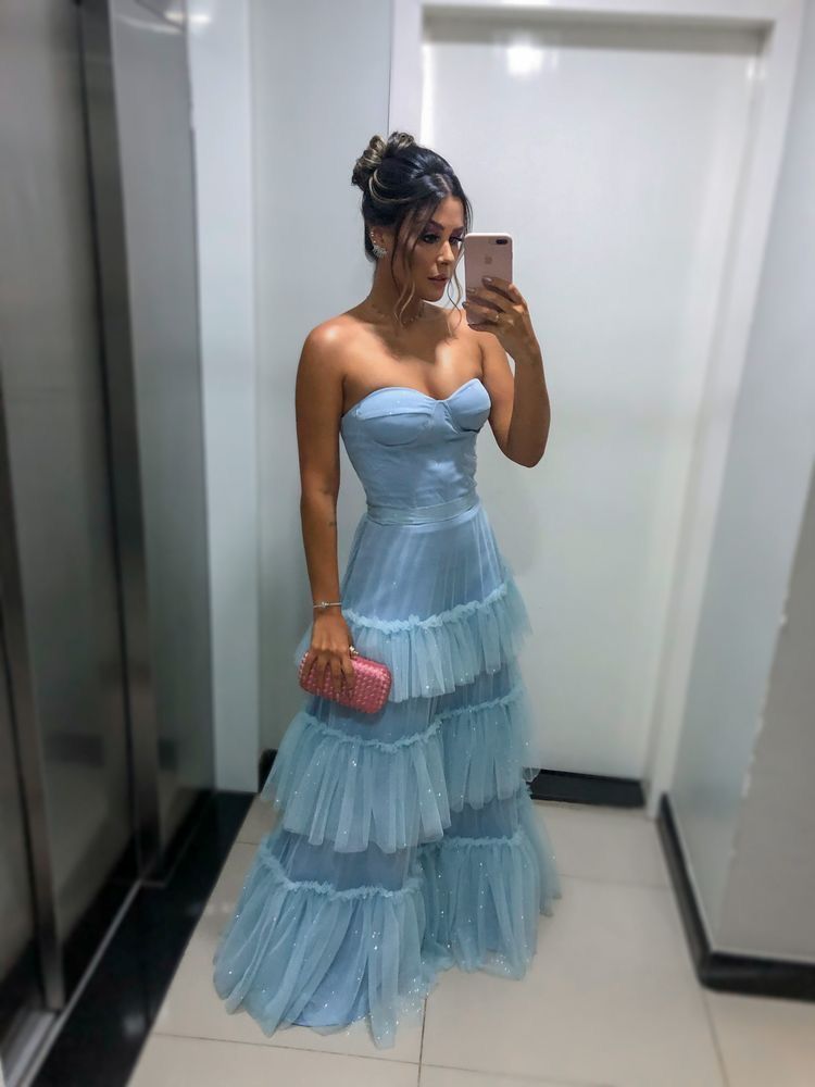 Elegant Light Blue A-line Multi-layer Cake Ruffled Glitter Tulle Long Prom Dress Evening Dress 20th Birthday Dress