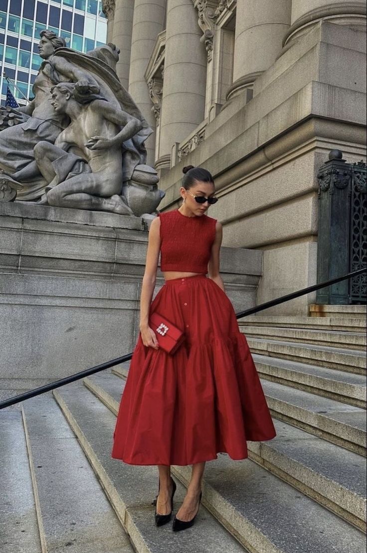 Simple 2 Pieces Red Satin Evening Dress Ankle Length Prom Dresses - FashionDia