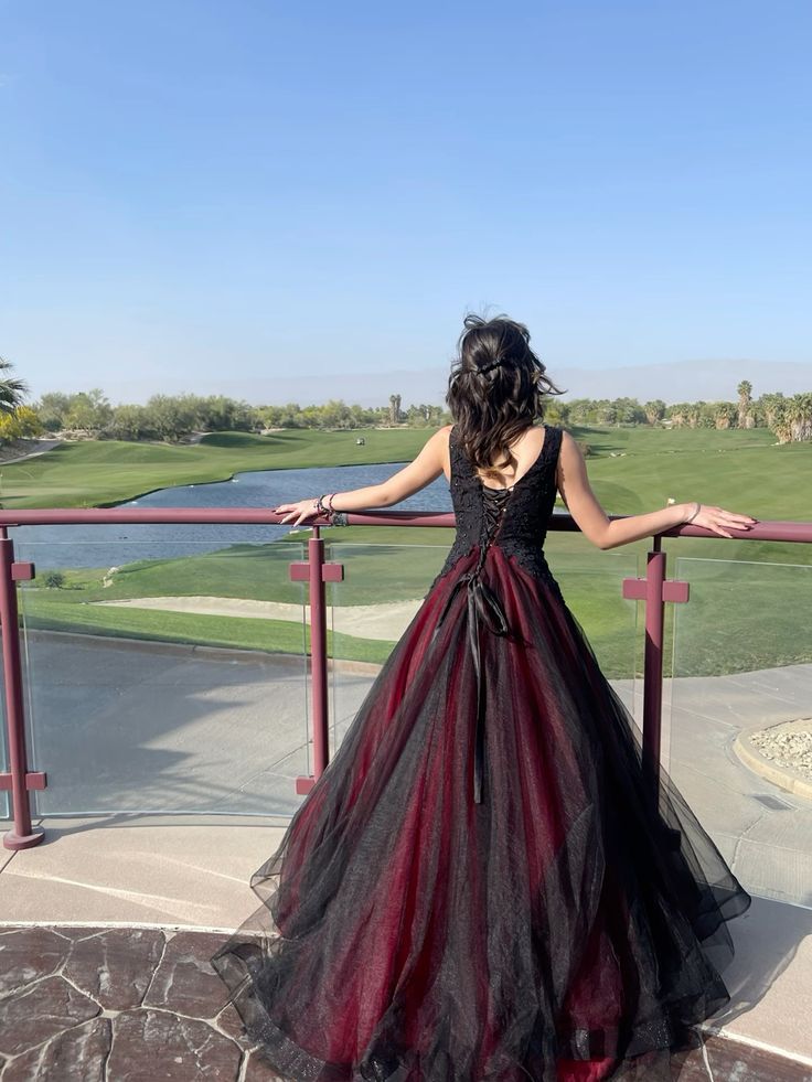 Retro Red And Black A-line Deep V-neck Tulle Long Prom Dress Evening Dress
