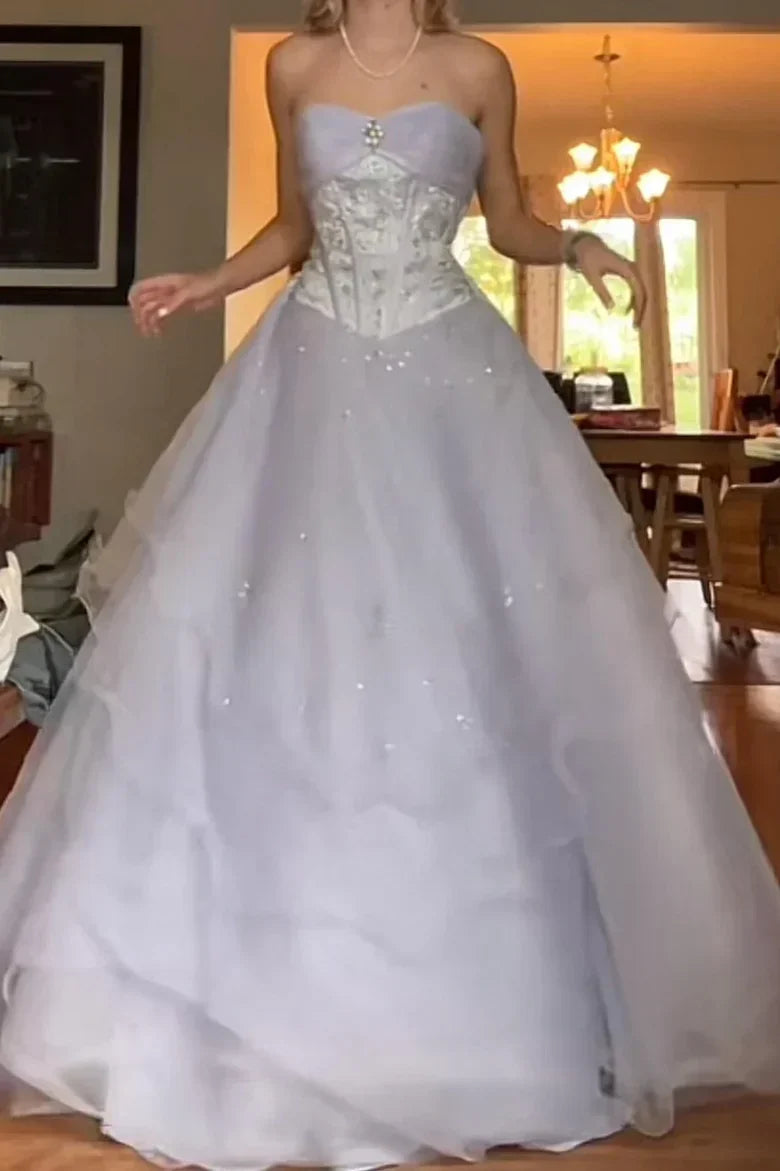 Princess Light Purple Strapless Beaded Tulle Long Ball Gown Evening Dress