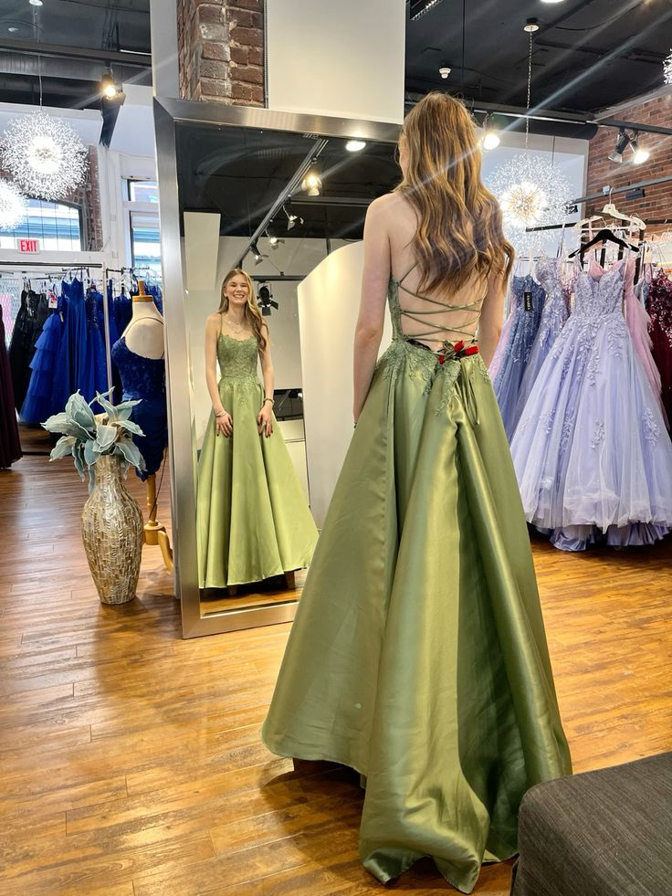 Elegant Green A-Line Cross-strap Backless Satin Long Prom & Evening Dress - View 2 | FashionDia