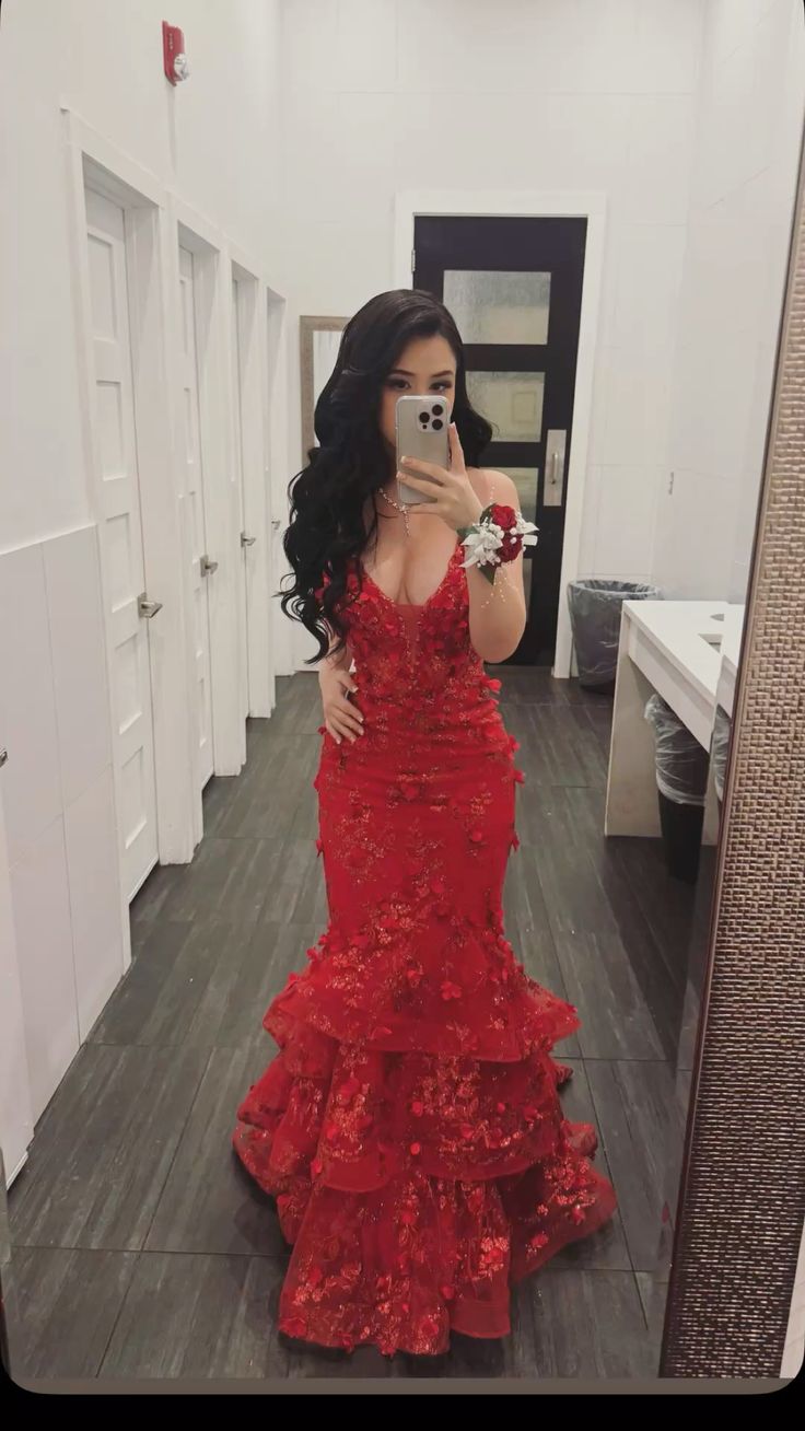 Gorgeous Red Mermaid Deep V-neck 3D Floral Tulle Long Prom Dress Evening Dress
