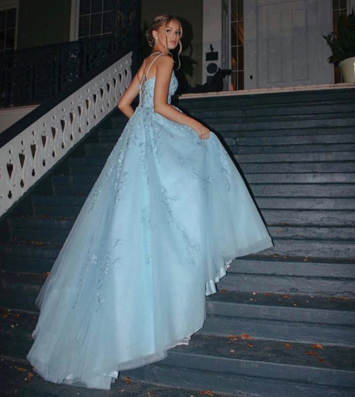 Princess Blue Strappy Embroidered Tulle Ball Gown Evening Dress