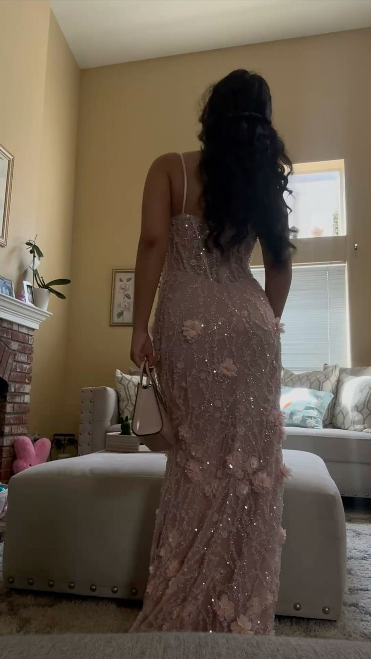 Elegant Pink Mermaid 3D Floral Bead Embroidery Sequin High Slit Long Prom & Evening Dress - View 3 | FashionDia