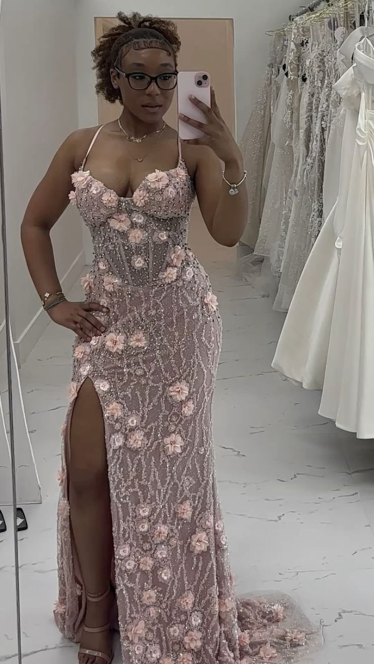 Elegant Pink Mermaid 3D Floral Bead Embroidery Sequin High Slit Long Prom Dress Evening Dress