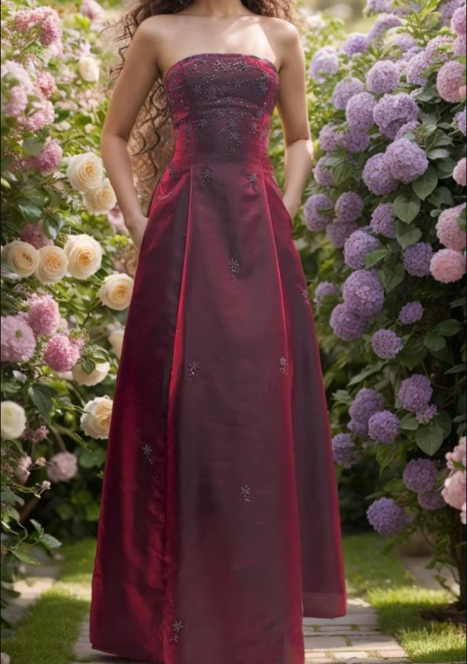 Vintage Burgundy A-line Strapless Tulle Long Prom Dress Evening Dress
