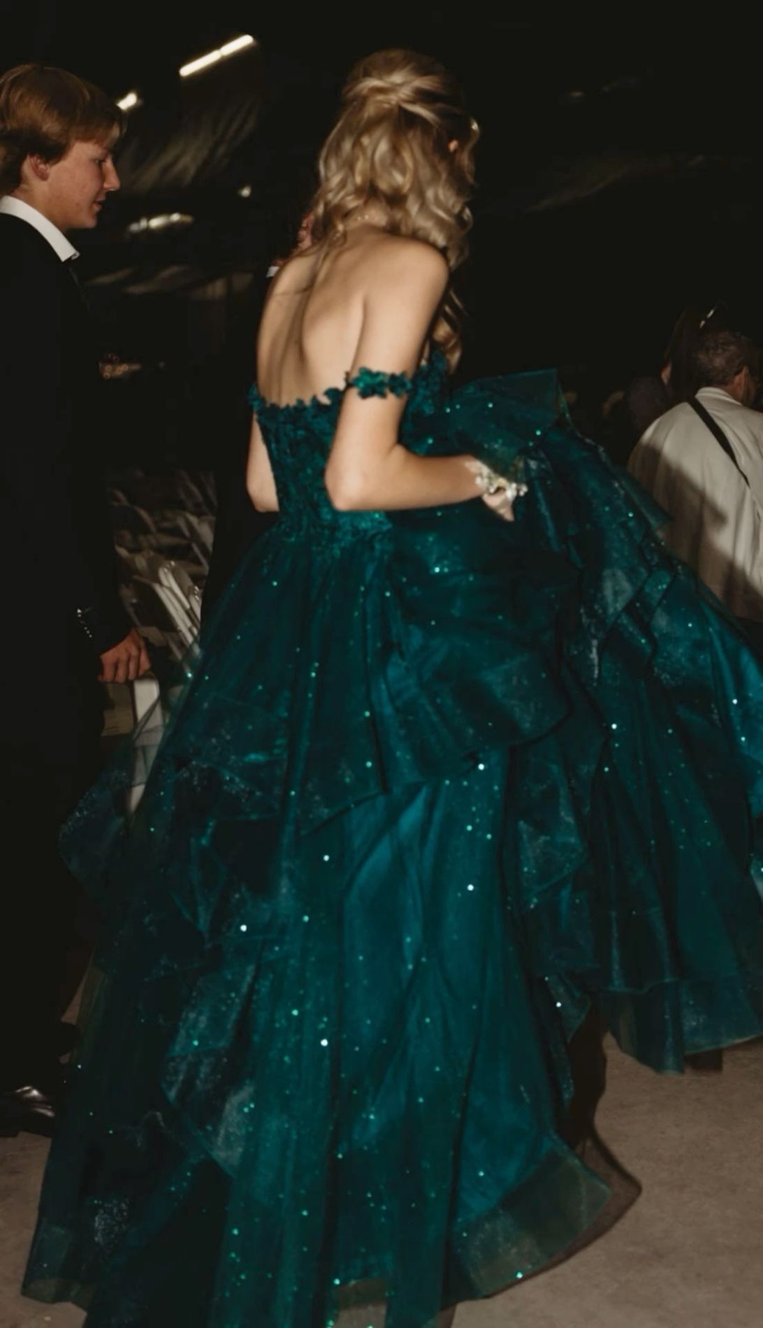 Dreamy Dark Green Off-shoulder Layered Tulle Ball Gown Evening Dress - View 2 | FashionDia