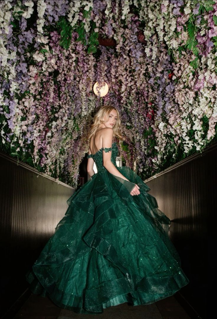 Dreamy Dark Green Off-shoulder Layered Tulle Ball Gown Evening Dress - View 3 | FashionDia