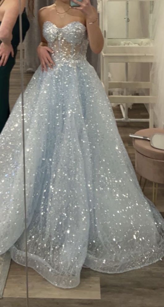 Shining Princess Light Blue Strapless Sequin Long Ball Gown Evening Dress
