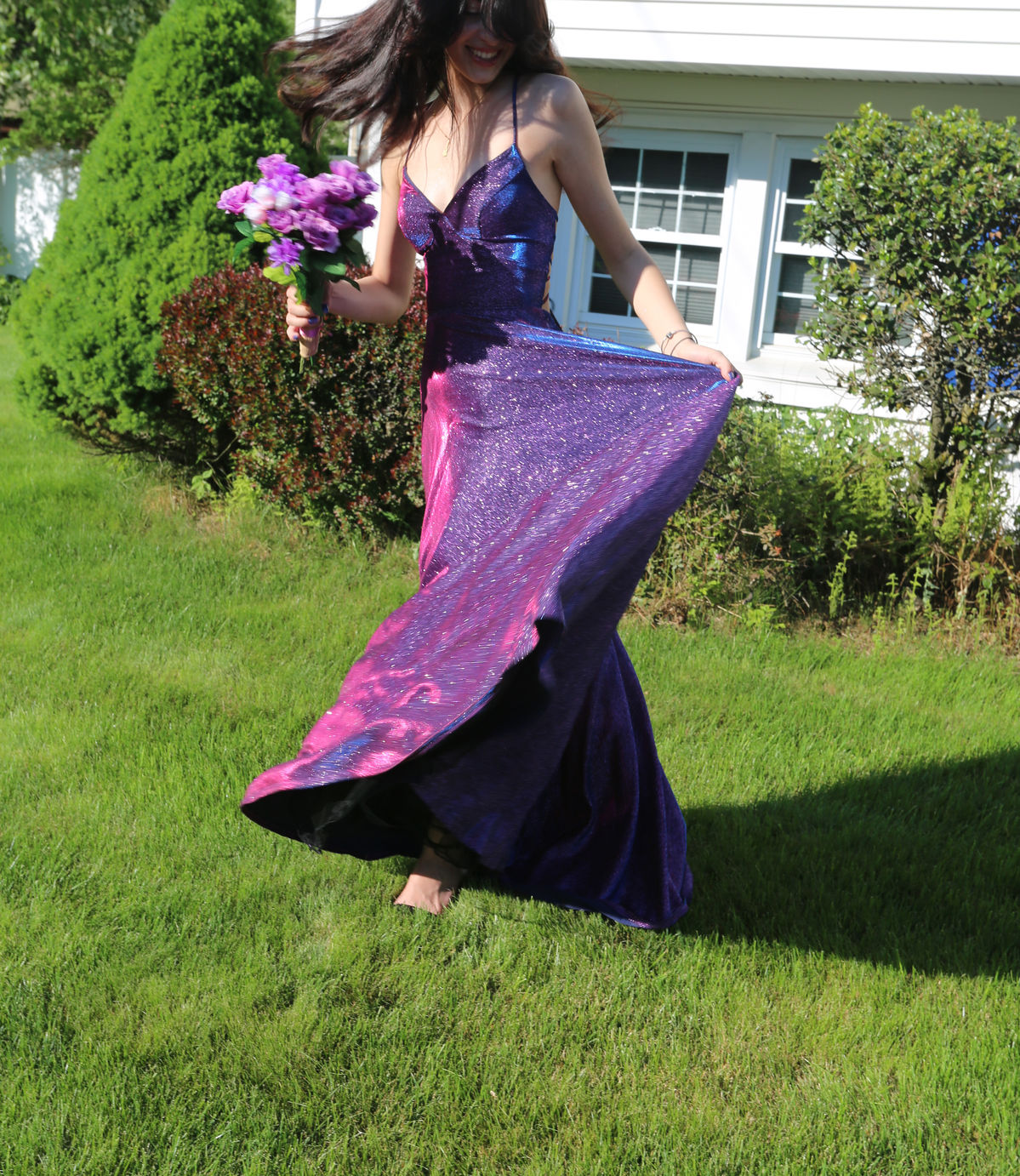 Fluorescent Purple And Pink Gradient A-line Deep V Strap Sequin Long Prom Dress Evening Dress - VelvetHem