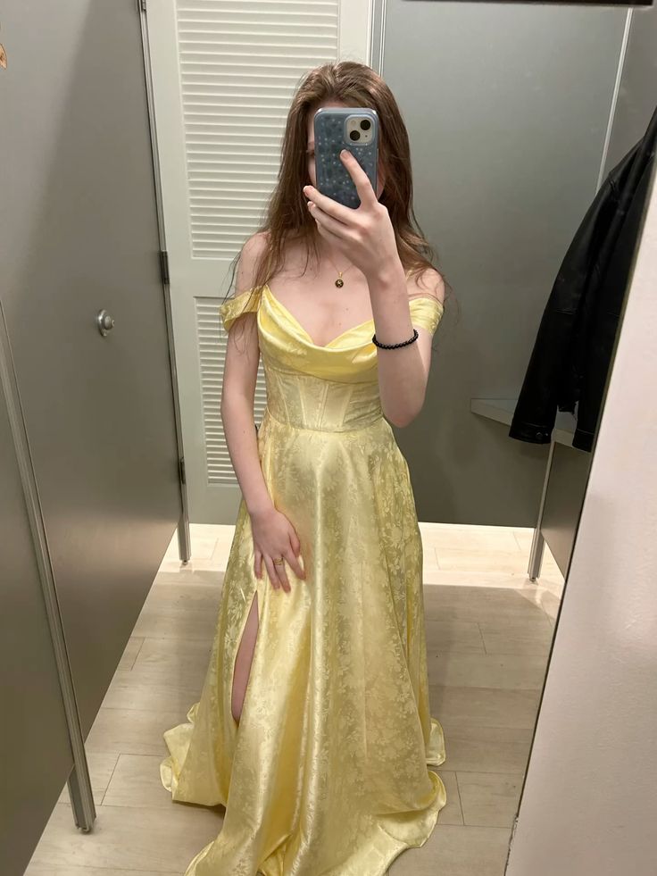 Elegant Pale Yellow A-line Off-shoulder Slit Embroidered Satin Long Evening Dress