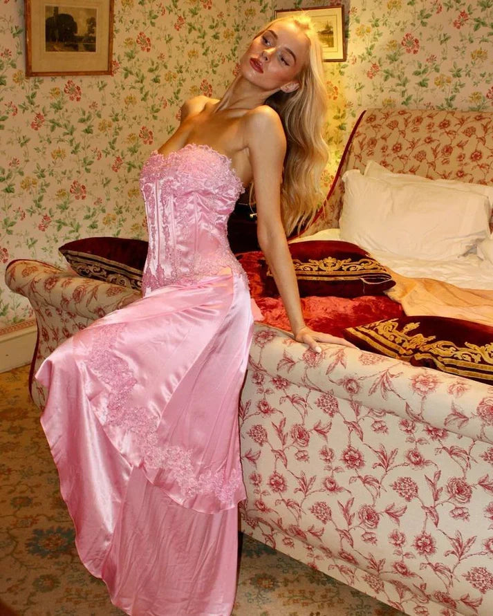 Vintage Pink A-line Lace Satin Long Prom Dress Evening Dress