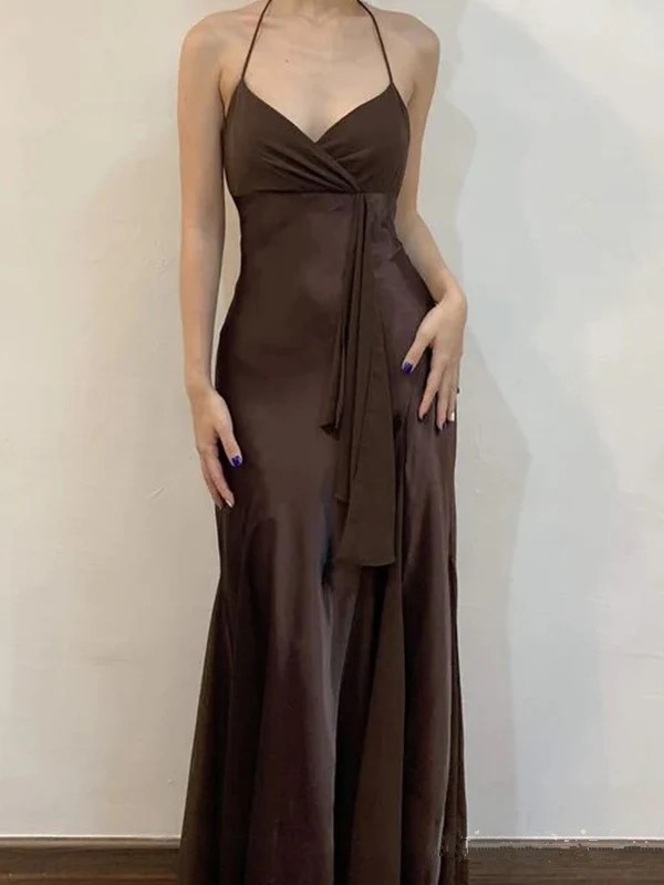 Sexy Brown V Neck Satin Evening Dress Long Party Prom Dress