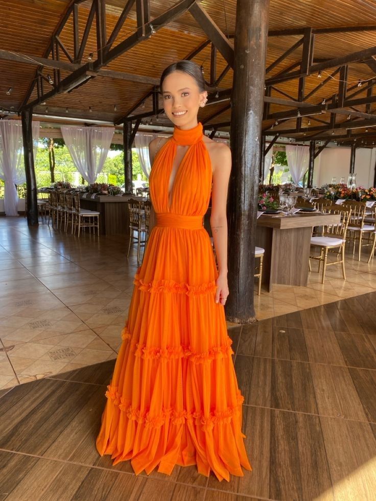 Elegant Bright Orange A-line High Collar Halter Neck Chest Hollow Chiffon Long Prom Dress Evening Dress