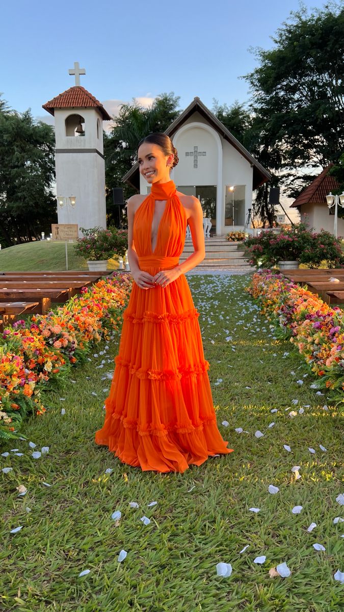 Elegant Bright Orange A-Line High Collar Halter Neck Chest Hollow Chiffon Long Prom & Evening Dress - View 3 | FashionDia