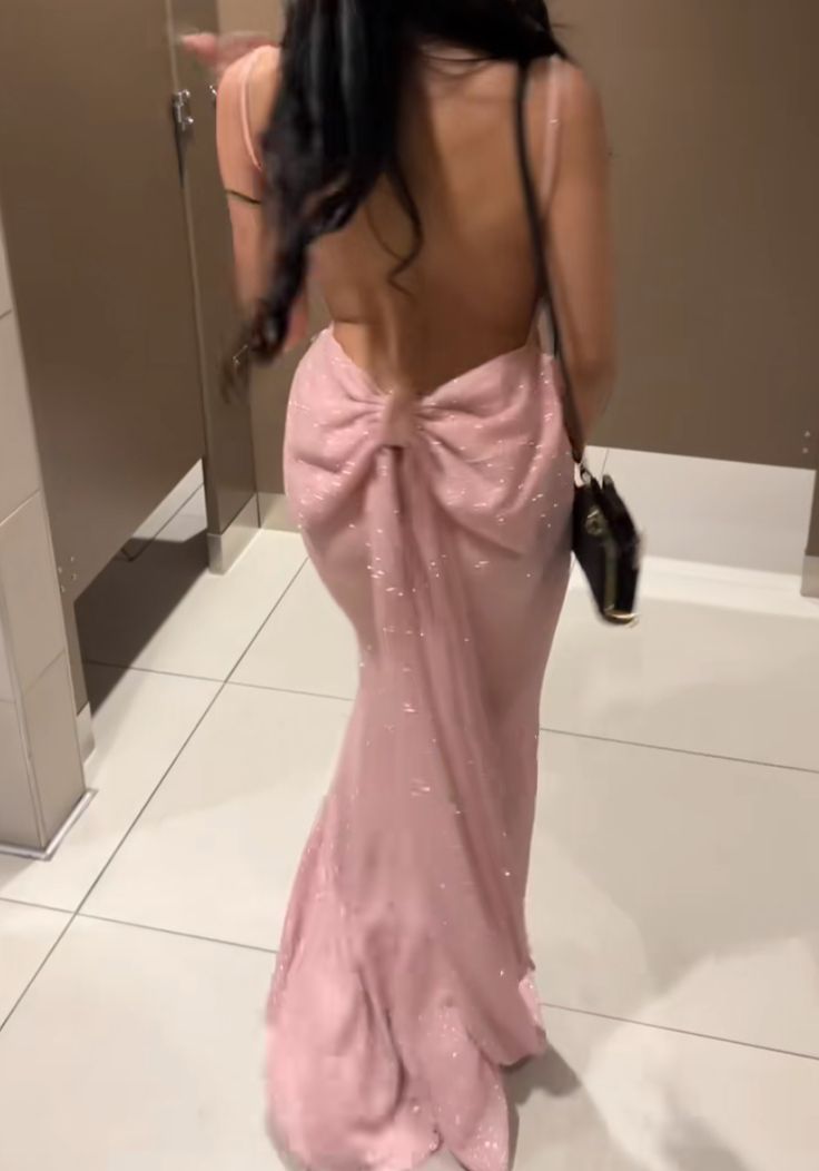 Sexy Pink Mermaid Strappy Back Bow Sequin Long Prom Dress Evening Dress
